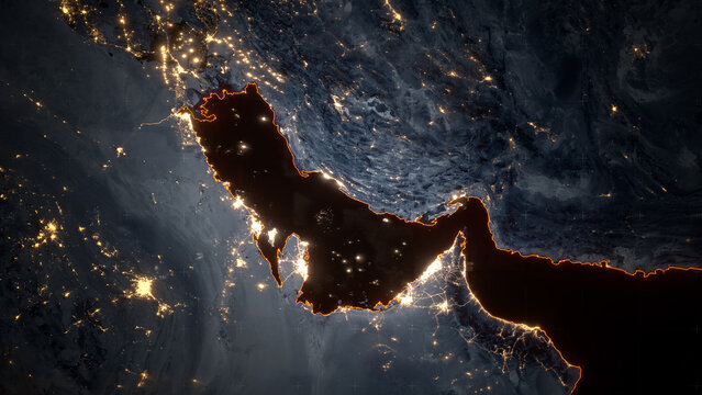Night satellite image of the Persian Gulf with city lights, coastlines of Dubai, Qatar, and Saudi Arabia. Stylized map of the Middle East. 3d render