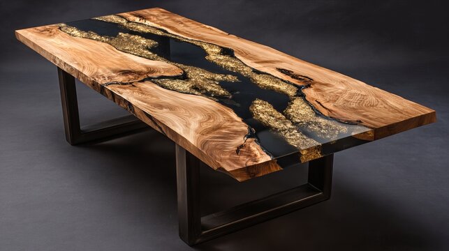 Wooden table with gold epoxy river sits on dark background. It's varnished and crafted from luxury wood.