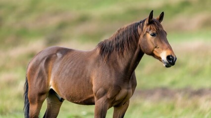 Fototapeta premium Brown horse standing in grassy field with blurred background