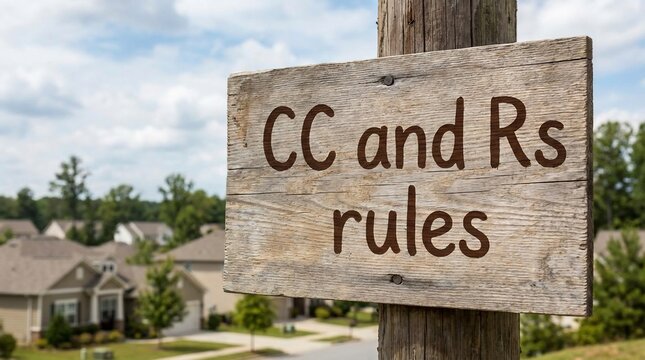 Homeowners association CC and Rs rules sign with houses in the background.