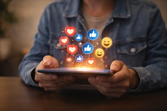 AI Social Media Engagement Analytics with Smartphone and Floating Reactions Interface