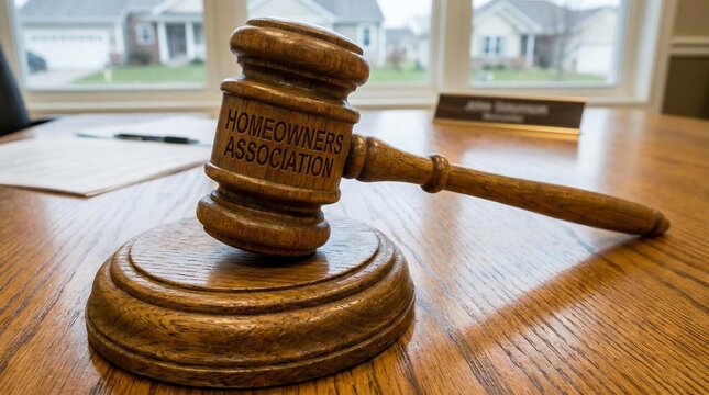 Homeowners Association meeting gavel on a wooden conference table with a neighborhood view.