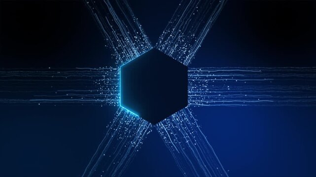 Futuristic Blue Hexagon With Digital Data Streams Connecting Networks &mdash; Technology, Data, Connectivity Concept