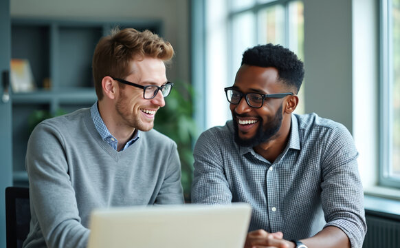 Two men in glasses work together at a laptop. Colleagues smile sharing ideas at a desk. People in office collaborate on a project. Teamwork happens at the computer.