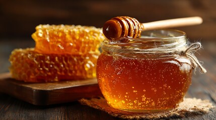 Honey comb in a jar sits on a wood table, with honey behind. Organic bee products up close.