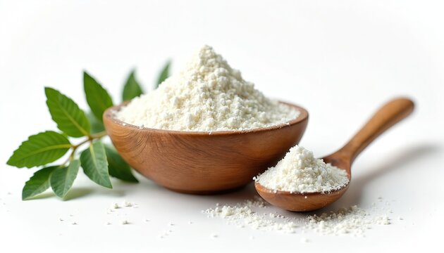White powder fills wooden bowl and spoon beside fresh green leaves. Fine grains offer natural ingredient for baking, cooking or dietary supplement. Object is on white background.