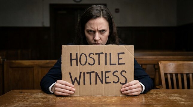 Intense woman with an angry expression holding a hostile witness sign in a courtroom.