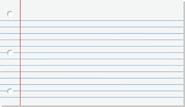 Minimalist graphic illustration of a blank lined notebook paper with three punched holes on the left side, perfect for school, office, or design projects requiring a classic stationery background