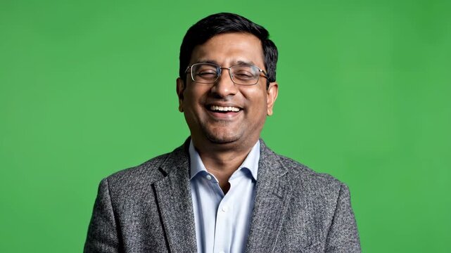 Smiling professional man laughing with hand covering mouth on green screen background