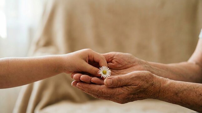 Mother's Day hands child grandmother flower giving daisy. A tender close-up showing an intergenerational bond between a young grandchild and a senior for a family celebration.