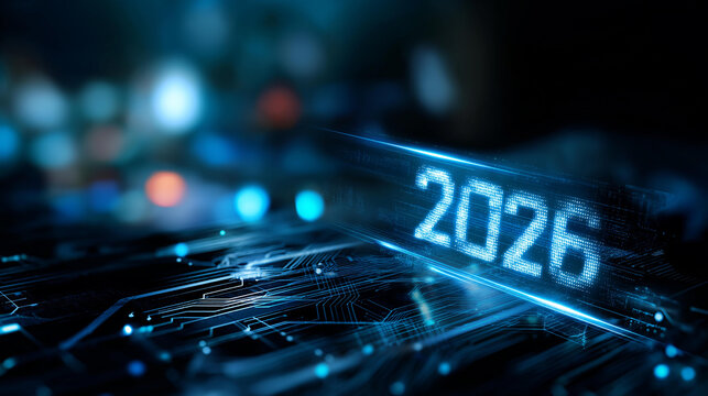 Digital 2026 year number glowing on futuristic circuit board background, blue neon light illuminating tech pattern with data streams flowing in cyberspace concept, with copy space
