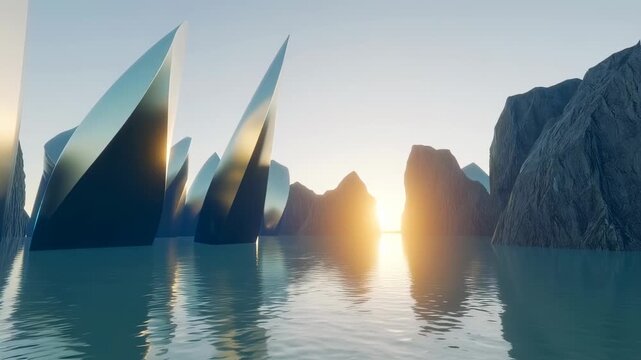 Surreal landscape with polished obsidian structures and rugged peaks reflected in water