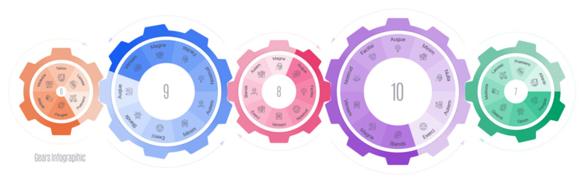 Gears diagram template with 8 options, infographic vector illustration.