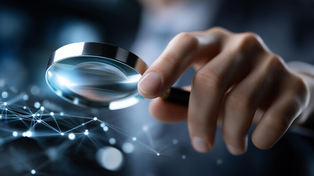 Faceless hands holding magnifying glass over glowing digital network, exploring intricate data connections pathways and nodes, analyzing complex tech system structure concept,