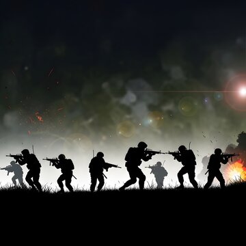 Silhouette of soldiers in a fierce battle, advancing through smoky terrain with explosions and muzzle flashes, depicting intense military conflict and combat action in a dramatic, dark environment