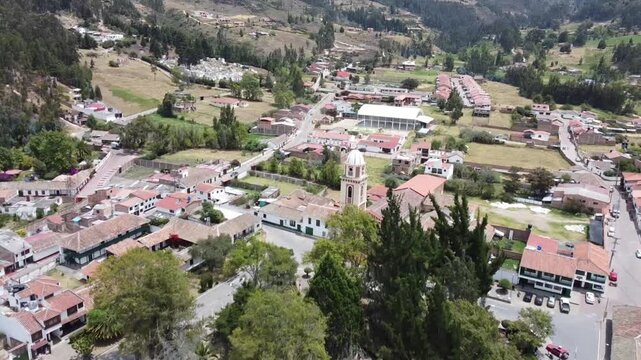 Iza, Boyaca - Colombia. March 3, 2026. Panoramic drone view of the town's main church.