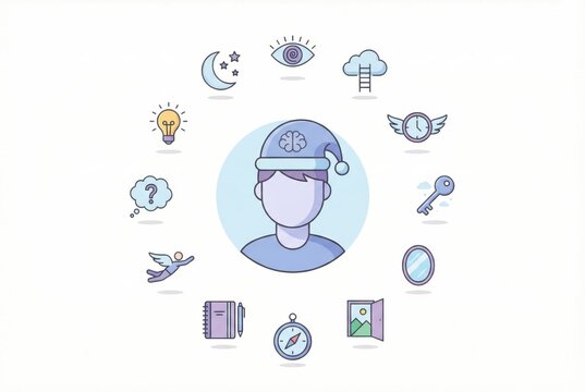 Abstract illustration of a male figure surrounded by various symbols depicting mental exploration, creativity, and insight into self reflection and problem solving strategies