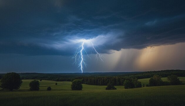 Dramatic lightning strike pierces through heavy, dark storm clouds over a serene natural landscape with distant rain, showcasing the raw power of nature