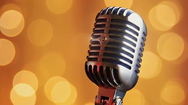 Vintage microphone positioned prominently against a warm bokeh background, highlighting its intricate design and polished surface, creating an inviting atmosphere for music and performance