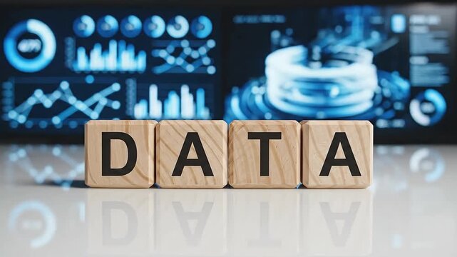 Wooden blocks arranged to spell DATA are positioned in front of digital analytics screens displaying graphs and charts, with reflections visible on a smooth surface, creating a modern data visualizati