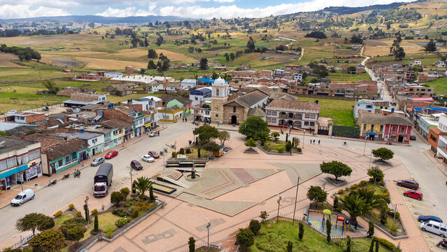 Siachoque, Boyac&aacute; - Colombia. March 7, 2026. Panoramic drone view of the municipality, located 19.4 km from Tunja.