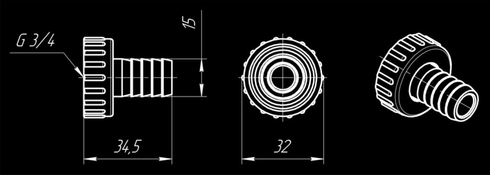 Vector drawing of round steel mechanical 
part with through holes, dimensional lines.
Engineering technical cad scheme and 3d model
of cover. Sketch on paper sheet.