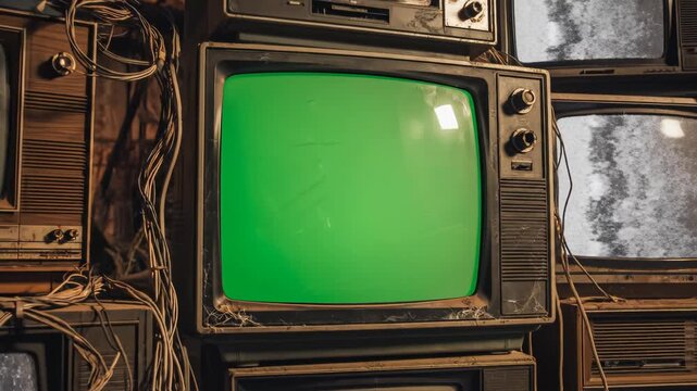 Stacks of old TVs in abandoned setting