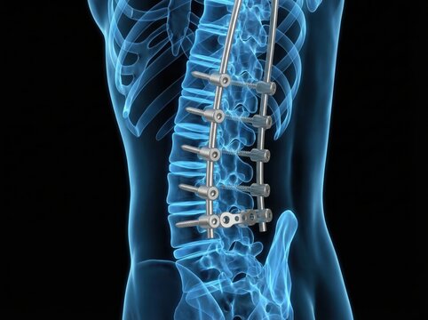  Blue X-ray view of a human spine with metallic orthopedic implant. Spinal fusion surgery and pedicle screws fixation concept