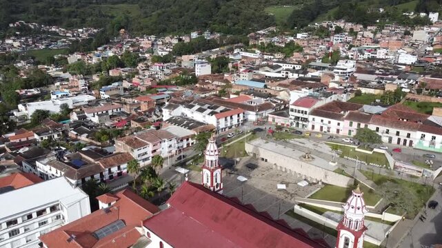 Velez, Santander - Colombia. February 26, 2026. Panoramic drone view of the town's main church.