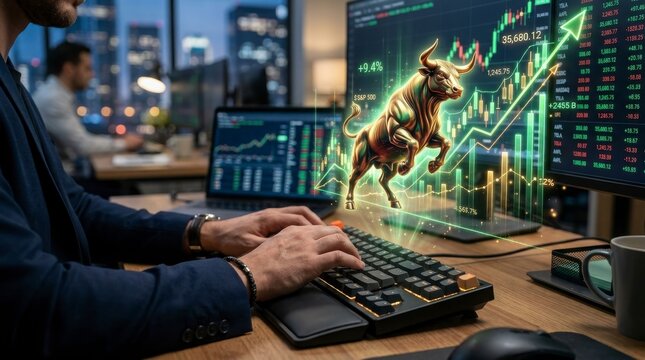 Businessman typing on keyboard with stock market graph and bull on screen