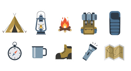 Camping icon set including tent, lantern, campfire, backpack, and other outdoor gear © MuhammadAbdulJalil01