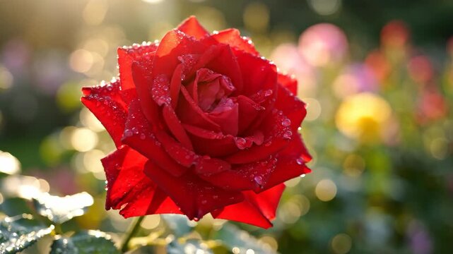 Beautiful Red Rose in Full Bloom with Water Droplets.
