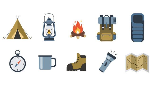 Camping icon set including tent, lantern, campfire, backpack, and other outdoor gear