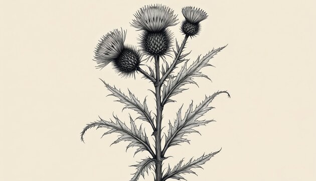 Detailed monochrome line drawing of a thistle plant featuring spiky leaves and flowers. Elegant botanical artwork shows blooming prickly plant with intricate details on light beige backdrop.