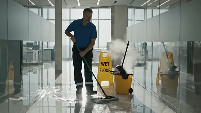 Male janitor in blue shirt mops a wet floor in a sleek office corridor, with a yellow wet floor sign and cleaning equipment, including a mop and bucket, positioned nearby
