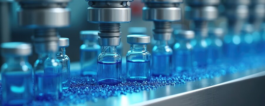 Automated machinery fills blue vials on production line. Small particles surround sterile pharmaceutical ampoules. High-tech manufacturing processes chemicals with precision equipment. Modern factory