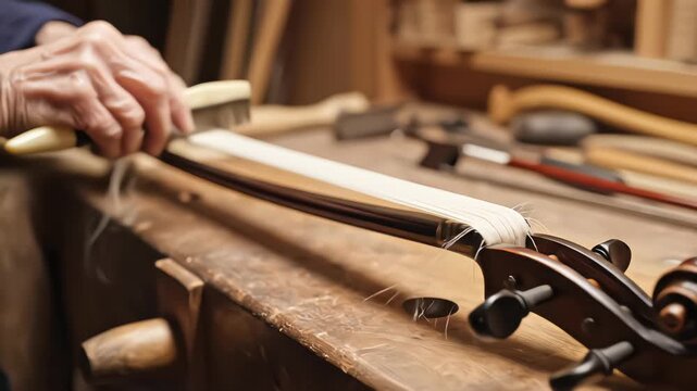 Senior luthier artisan combing horsehair while repairing a violin bow in a traditional woodworking workshop