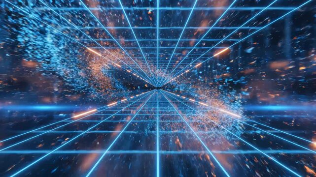 Futuristic neon grid tunnel