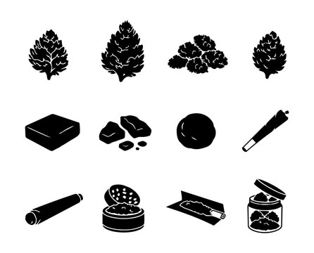 Cannabis Buds and Hash Silhouettes Set - Marijuana Flower, Joint, Blunt and Grinder Icons
