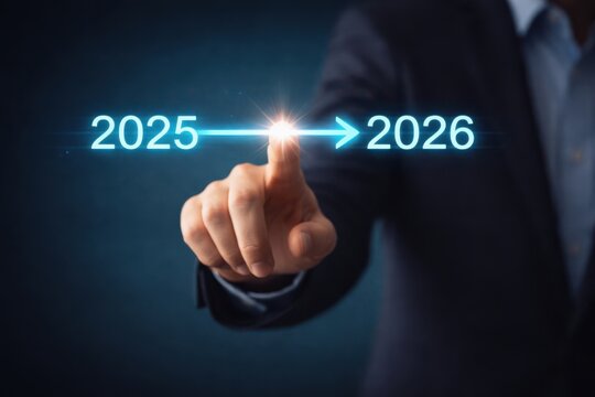 Business Timeline Transition from 2025 to 2026 with Forward Progress Indicator