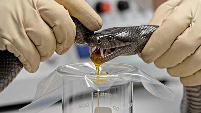 Close up of gloved hands extracting yellow venom from a black snake into a glass beaker in a laboratory setting