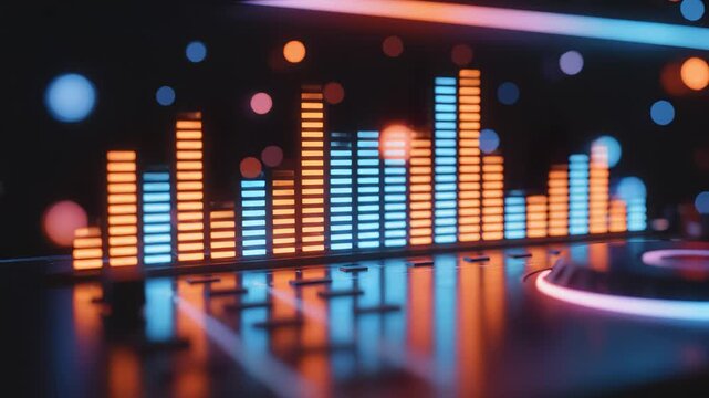 Colorful audio equalizer bars on a mixing console