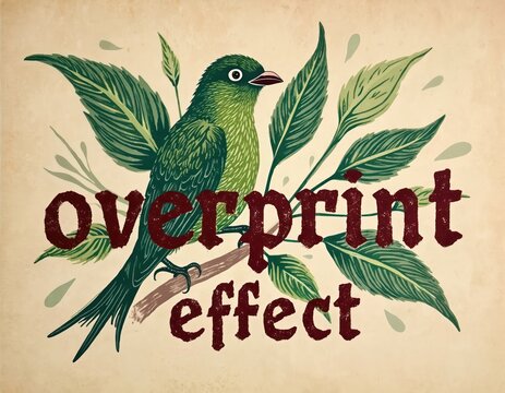 Green bird sits on branch with leaves. Vintage overprint effect art. Textured retro background design. Nature bird illustration. Botanical graphic style.
