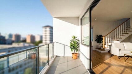 Obraz premium Balcony with potted plant basking in sunlight on apartment terrace
