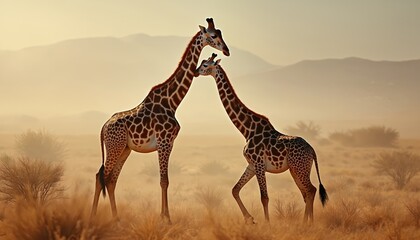 Obraz premium Two giraffes with necks intertwined in dry savanna landscape. They are interacting closely in warm golden hour light. Gentle wildlife encounter in nature habitat.