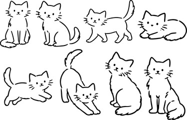 Naklejka premium Set ofhand drawn sketch doodle cartoon cat in various poses and actions vector illustration