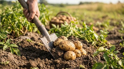 Fototapeta premium Harvesting fresh potatoes by hand with a shovel in a field, showcasing the bounty of the earth
