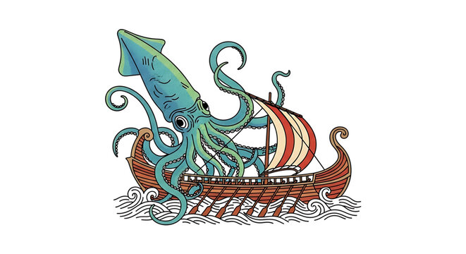 A colorful vector illustration of a giant squid attacking a traditional sailing ship