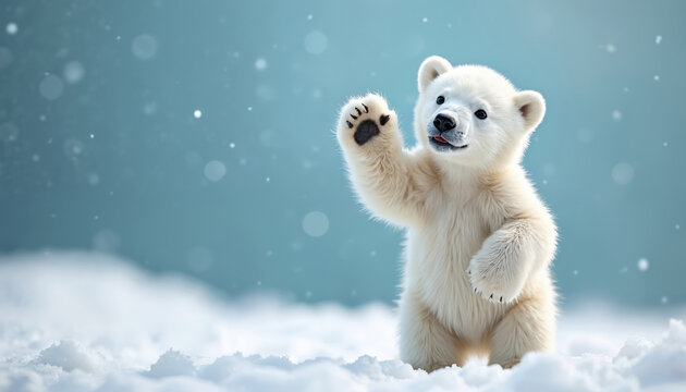 Cute polar bear cub waves hello from snowy landscape. Adorable white animal stands in snow, winter background, arctic wild life. Funny furry cub greets, happy greeting card image.