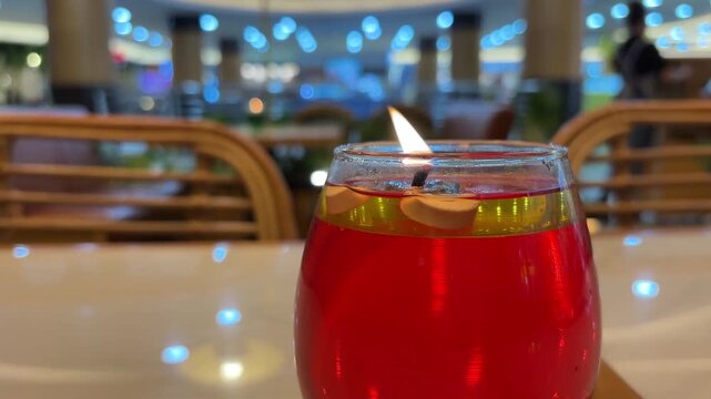 Video Decorative table candles placed in a round glass container. These candles use red liquid fuel, usually paraffin oil or perfume oil, with a floating wick on top.
